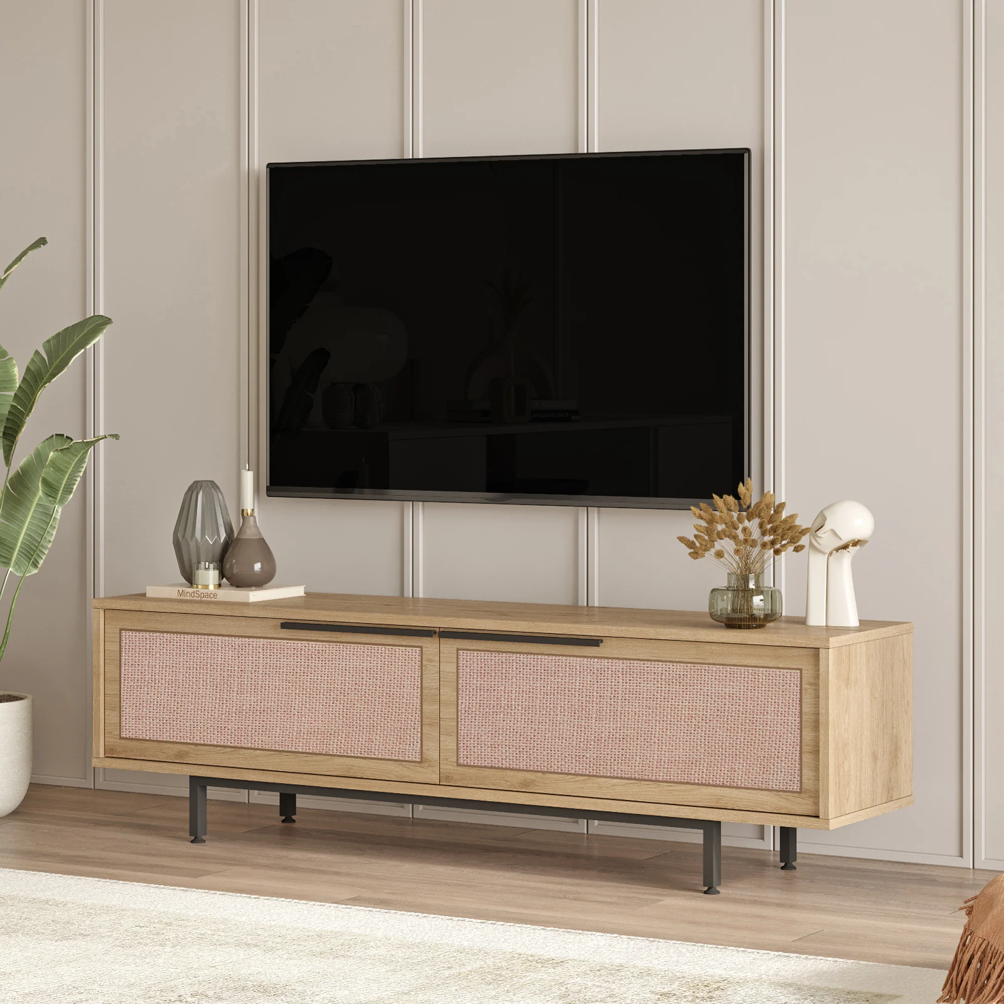TV meubel Kvænangen 160x35,5x45 cm eikenkleurig zwart en rotan look [en.casa]