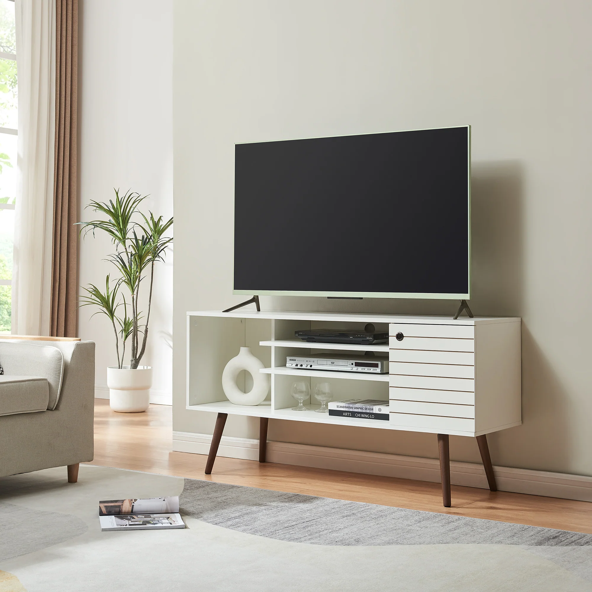 Tv-meubel Vare 130x40x66 cm wit en walnootkleurig [en.casa]