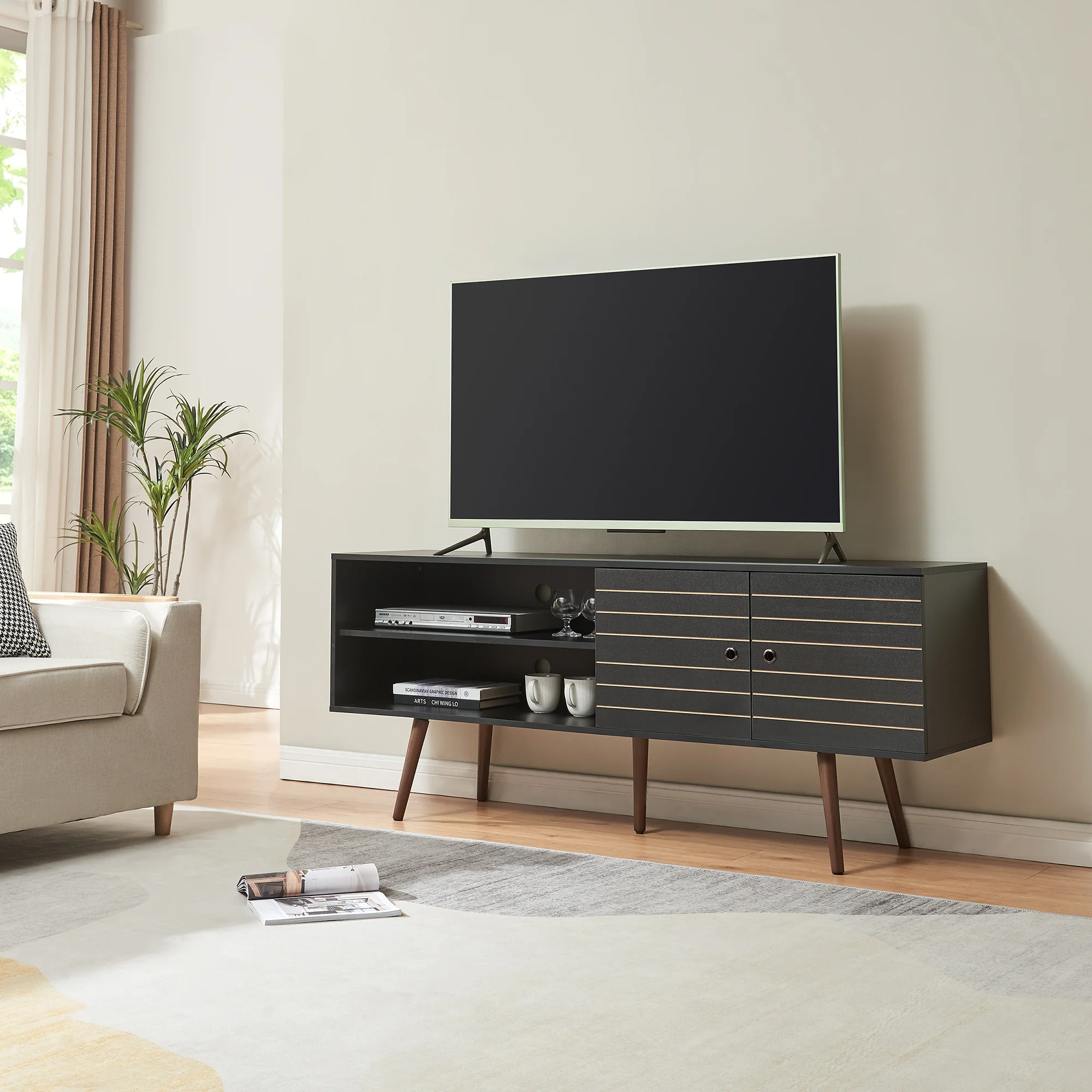 Tv meubel Vare 160x40x66 cm zwart en walnootkleurig [en.casa]