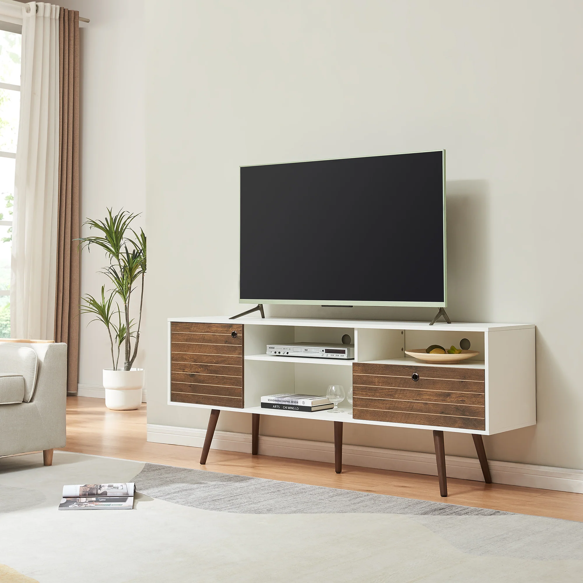 Tv-meubel Vare 165x40x66 cm wit en walnootkleurig [en.casa]
