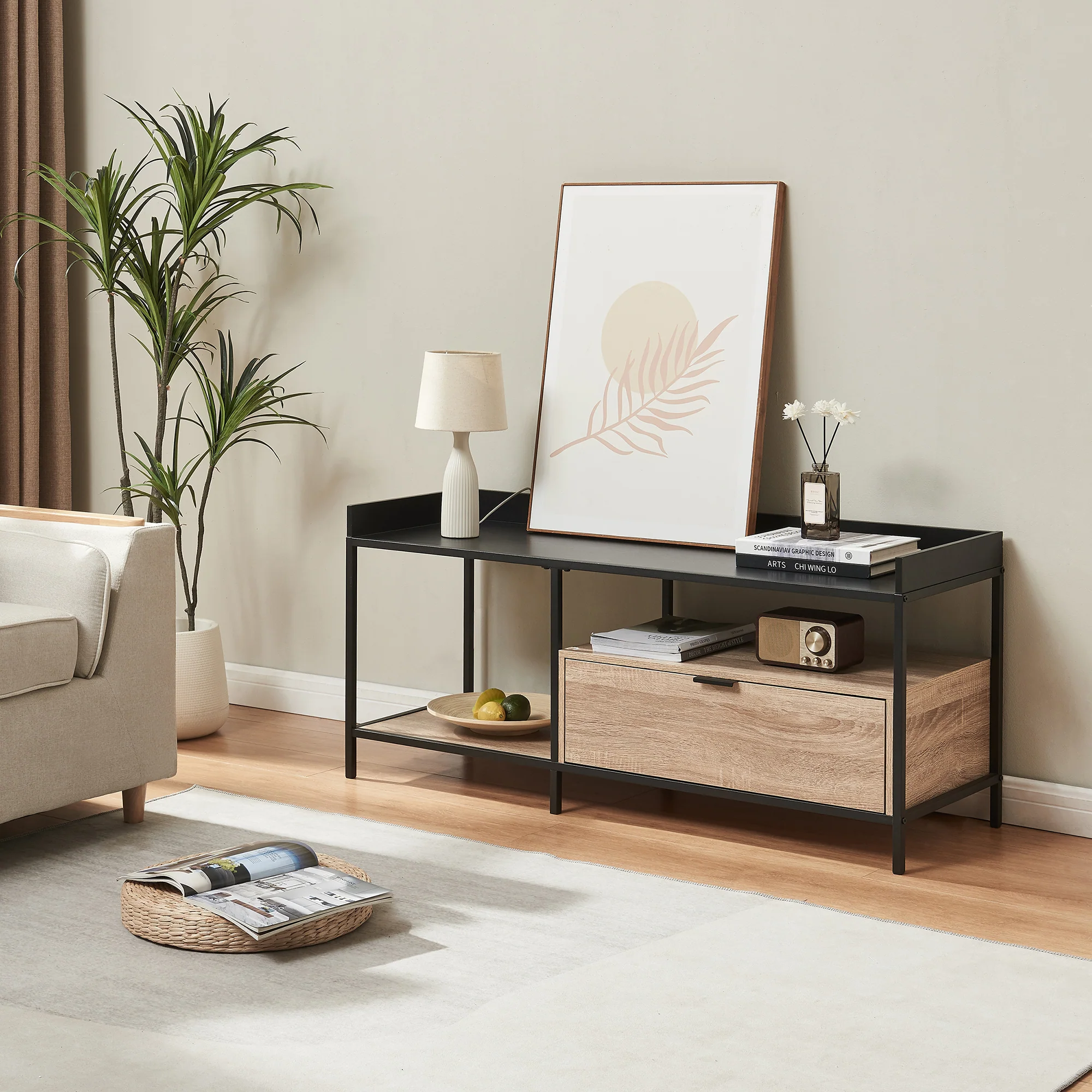 Tv meubel Belana 120x40x54 cm zwart en eikenkleurig [en.casa]