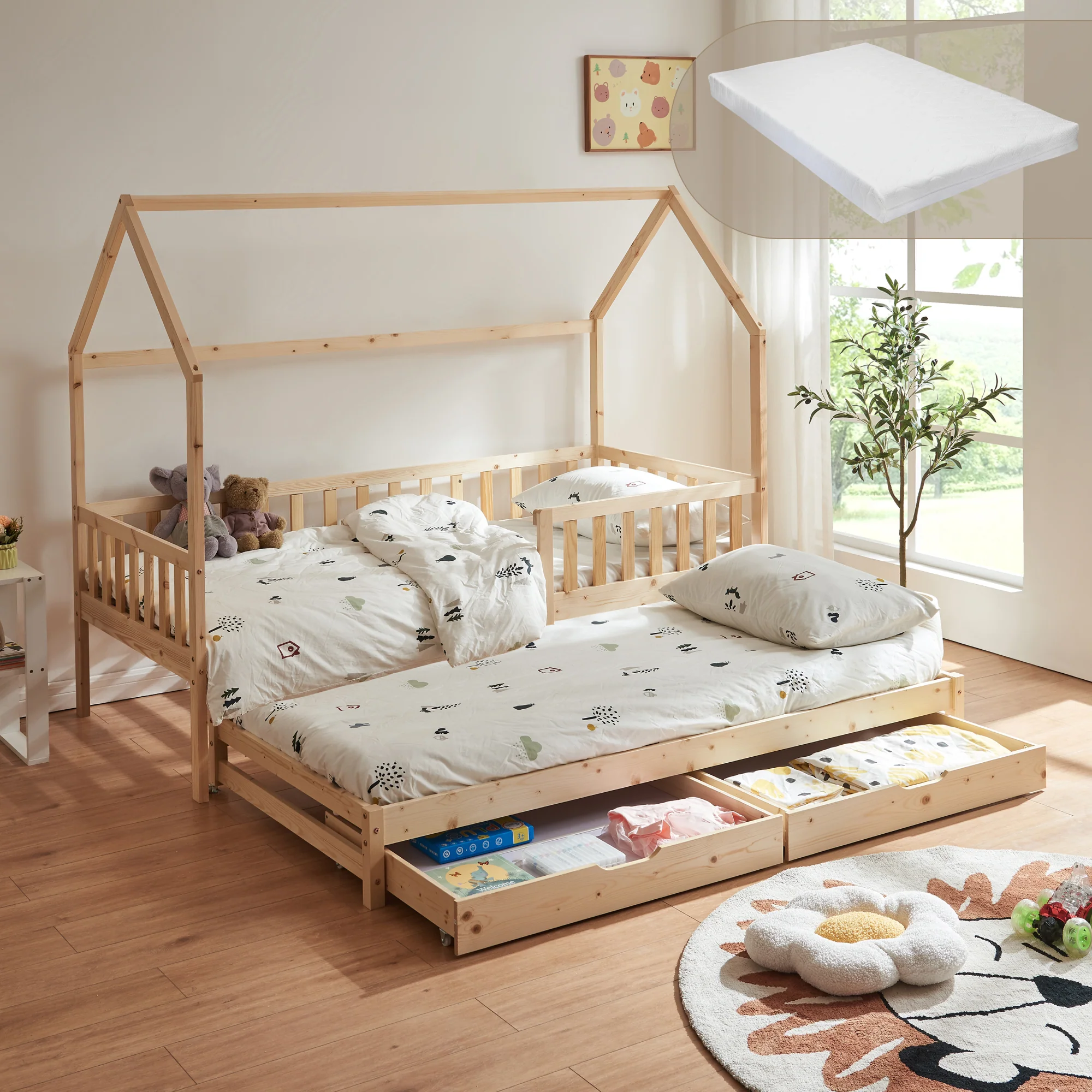 Kinderbed Aarghonmaa met matras uitschuifbed en opberglades 90x200 cm [en.casa] - Image 2