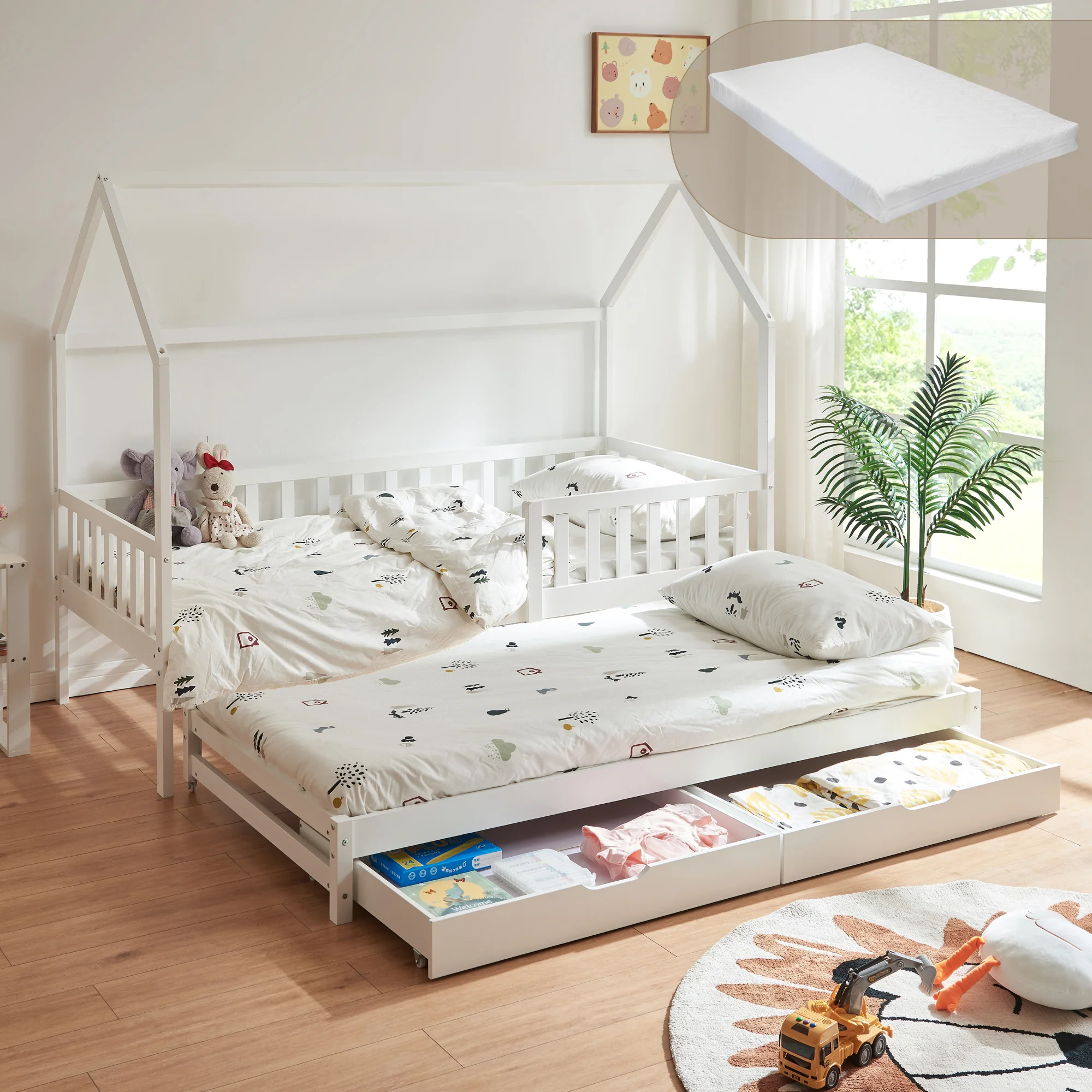 Kinderbed Aarghonmaa met matras uitschuifbed en opberglades 90x200 cm [en.casa] - Image 3