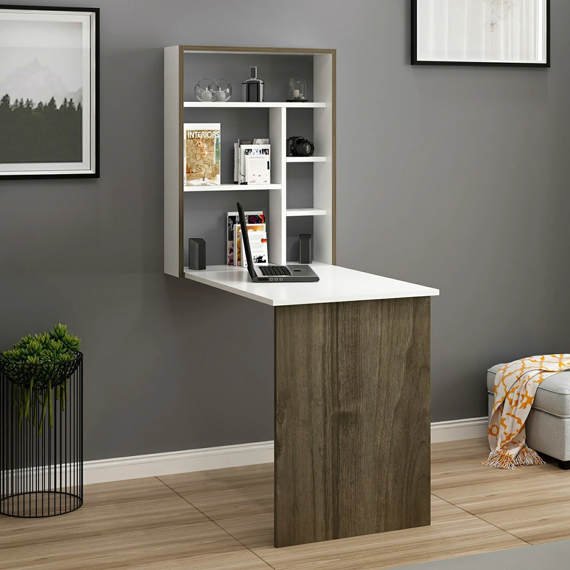 [en.casa] Klaptafel voor wandmontage Greve wit en walnootkleurig
