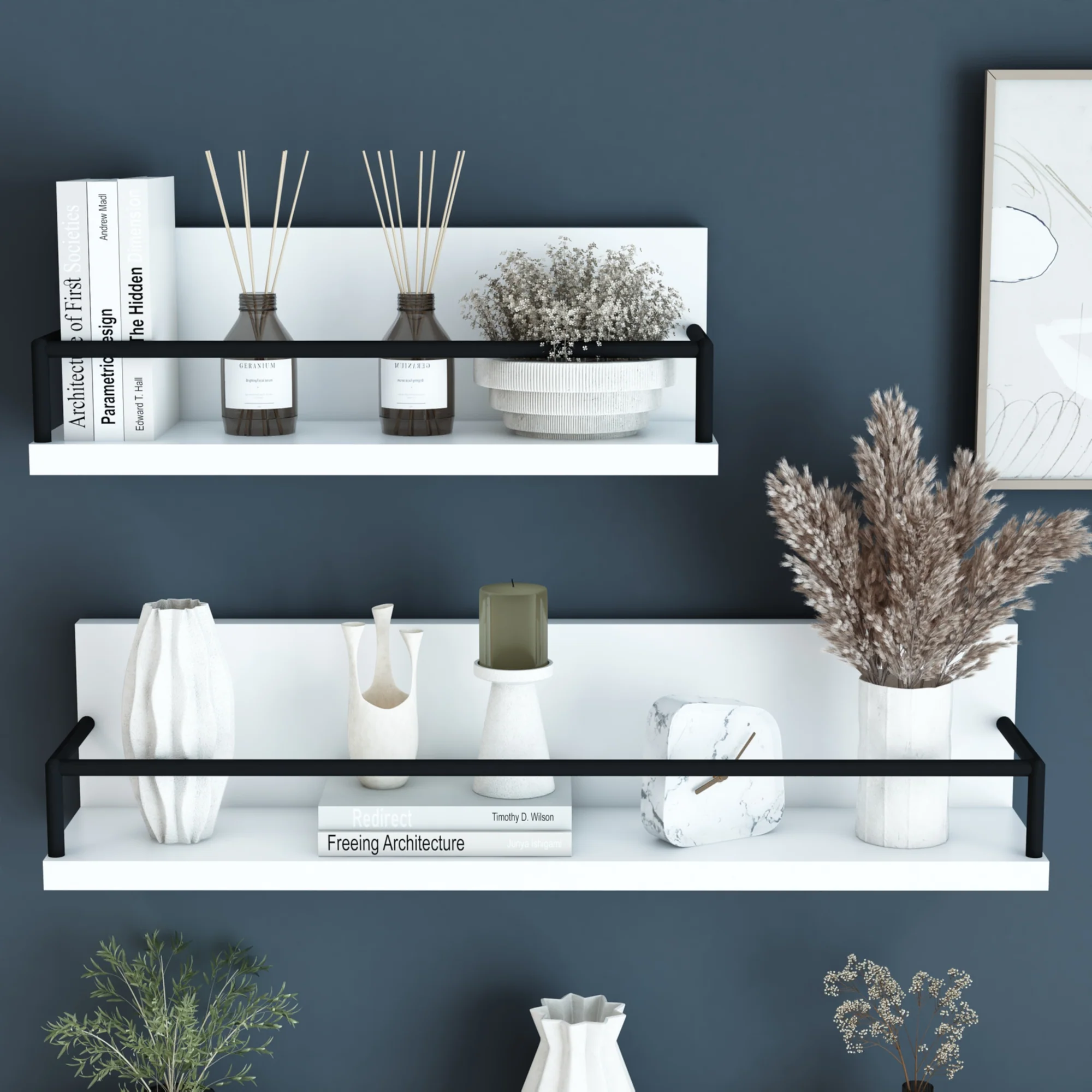 [en.casa] Wandplank set van 2 Grue 60/40x14x14 cm wit en zwart