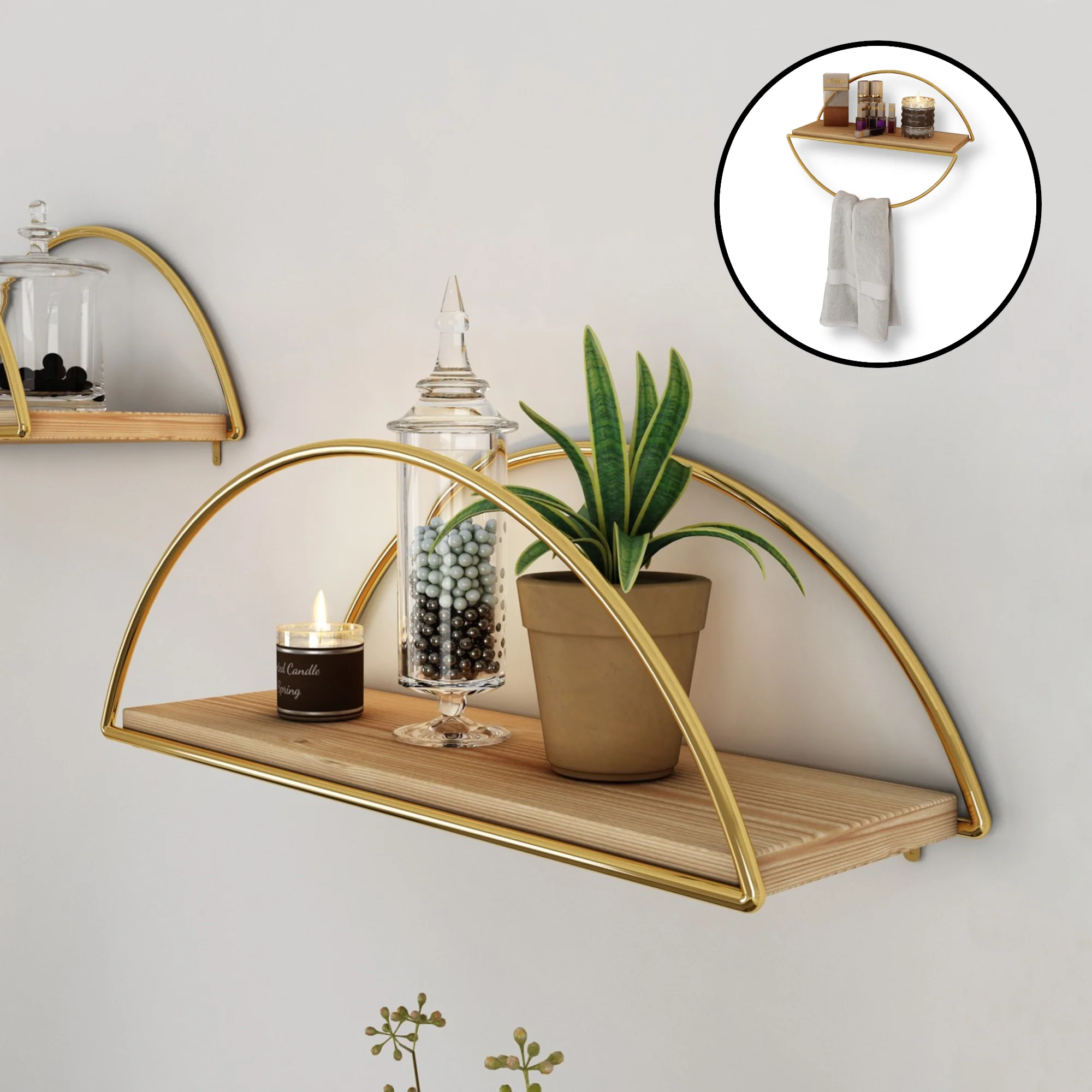 [en.casa] Wandplank Mynämäki 39x16x17 cm goudkleurig en naturel