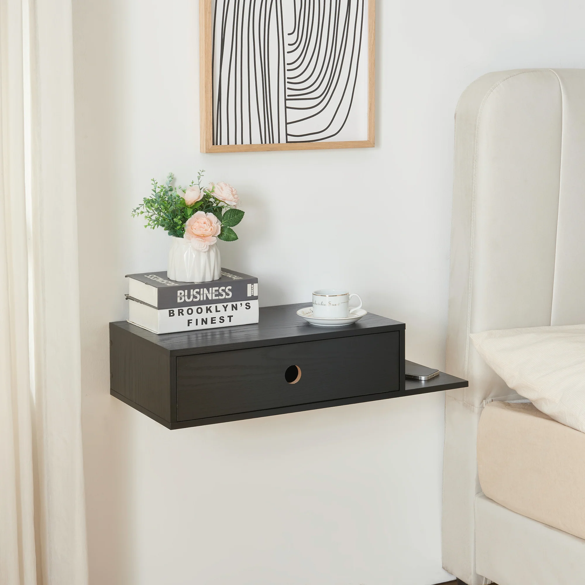 Wandplank Stor met lade 65x30x15 cm zwart [en.casa]