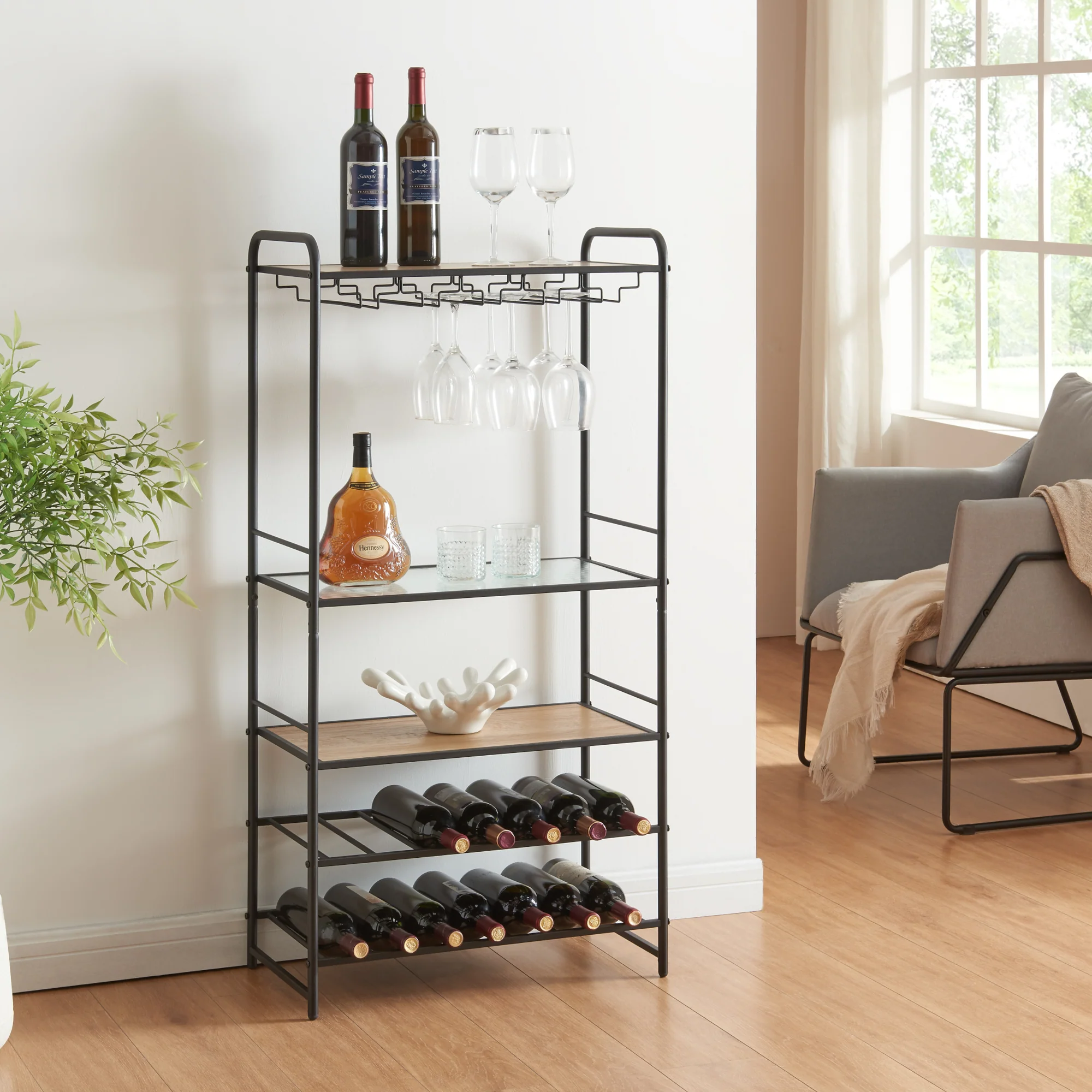 [en.casa] Wijnrek Hustadvika voor 14 flessen 120x61x33 cm zwart en eikenkleurig